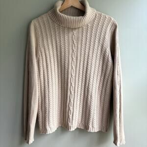 Sigrid Olsen Silk Angora Blend Cable Knit Turtleneck Sweater Beige Neutral L